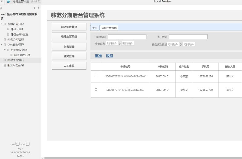原型项目介绍：这个原型项目是一个名为“够范分期后台管理系统”的web后台管理系统，主要服务于外包公司管理领域