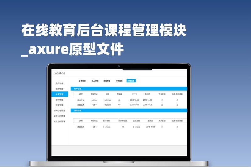 这个原型文件包含 40 个目录，主题涵盖用户管理、课程管理、学生管理、老师管理、交易信息、销售管理、客户详情、外教反馈、新闻公告管理、学员社区管理、作业、统计分析管理等多个方面