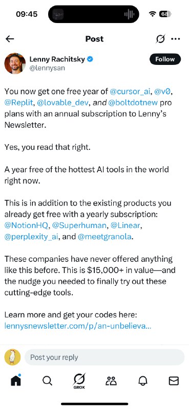 无敌了！lennysnewsletter现在购买一年的订阅赠送1年的cursor, bolt, lovable, replit, v0的pro权益，以及granola business, notion plus, linear business, superhuman starter, perplexity pro, 一共只需200刀，组团买还优惠40刀！别的不说，光cursor一年就已经回本了！具体地址：