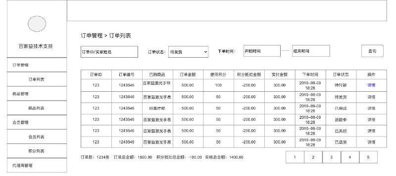 原型目录包括功能架构V1.0逻辑流程梳理设备绑定/连接流程微商城下单支付流程订单数据对接（疗程）流程订单数据对接（实物）流程会员数据对接流程积分数据对接流程商品数据对接流程订单各状态说明积分体系架构梳理以下是原型目录小程序端 v1.1 1、设备 1.1使用指南 1.1.1使用指南详情 1.2在线咨询 1.3微商城 1.3.1商品详情页 选择规格 1.3.2购物车 1.3.3确认下单 1.3.4支付 1.3.5支付结果 1.4数据监控 1.5设备管理 1.5.1添加设备 蓝牙搜索 扫码搜索 1.5.2设备详情 1.5.3解除绑定 1.6我的疗程 1.6.1疗程详情 1.6.2疗程切换 1.6.3更多疗程 2、圈子 2.1发帖 2.2详情 评论 点赞 转发 3、我的 3.3积分管理 积分规则 3.4基本资料 选择病史 3.5关于我们 Web后台端 v1.0 订单管理 订单列表v1.0 订单详情（待付款） 订单详情（待发货） 订单详情（已发货） 订单详情（已完成） 订单详情（退款中） 订单详情（已关闭） 商品管理 商品列表v1.0 会员管理 会员列表v1.0 会员详情 会员详情（编辑） 设备管理 积分列表v1.0 代理商管理 新增 编辑 详情 v1.1 1、订单管理 1.1订单列表 1.2代发货列表 1.2.1发货商品详情 1.3待退货列表 1.3.1退货审批 2、文案管理 2.1使用指南 新增/编辑 2.2积分规则 2.3关于我们 2.4退款退货理由 3、圈子管理 3.1发帖/编辑 4、疗程管理 疗程列表 5、基础设置 5.1积分设置 5.2订单设置 5.3预警设置 5.4圈子设置
