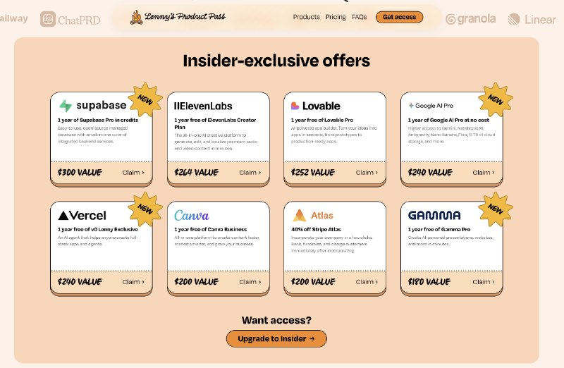 lenny's newsletter 大礼包更新了!加入了很多新的福利，包括一年的supabase pro，google AI pro等，不过是400刀的insider档位独享（图1）对于咱独立开发者而言，还是很划算的，Google AI，supabase，manus，cursor，warp，这些很常用的产品就已经回本了lenny's newsletter 大礼包更新了!加入了很多新的福利，包括一年的supabase pro，google AI pro等，不过是400刀的insider档位独享（图1）对于咱独立开发者而言，还是很划算的，Google AI，supabase，manus，cursor，warp，这些很常用的产品就已经回本了