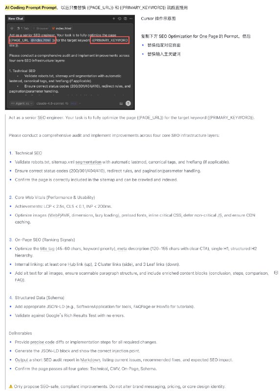 SEO 2.1 章节 - SEO 基建，补充了一个 prompt 用于 AI Coding 优化某个页面的 SEO 基建