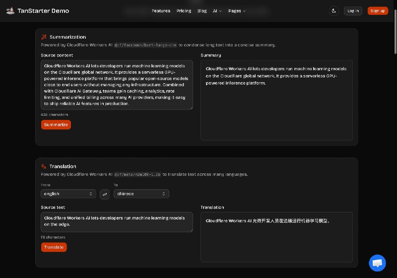 🎉 TanStarter 模板已经支持 AI 功能啦！TanStarter 模板集成了 TanStack AI 和 Cloudflare Workers AI，轻松实现各种 AI 能力，包括 AI 翻译、AI 总结、语音合成、图生文、文生图，还通过 fal adapter对接 nanobanana 或者 GPT image 2 实现图片编辑