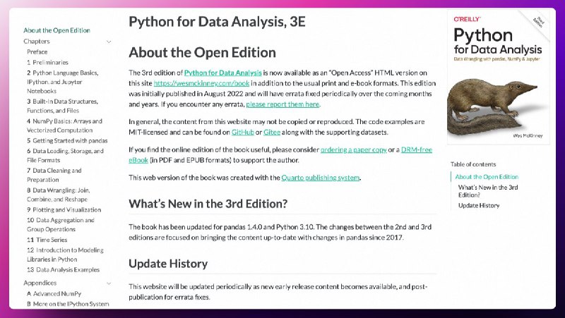 #工程师学习 看到《Python for Data Analysis》去年8月出了第三版，在后面几个月持续勘误，这本书关注的是在 Python 中操作、处理、清洗和分析数据的基本技巧，特别适合想做数据分析工程师的同学，整体内容还是很不错的