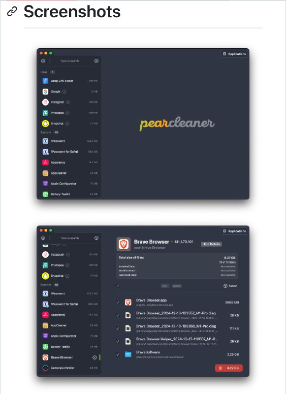 ⭕️ cleanMyMac的开源平替 PearcleanercleanMyMac和柠檬清理是Mac上比较推荐的俩工具，但是前者挺贵的，我之前买的旧版本，居然不能升级到新版本🥲，后者差点意思今天看到一个不错的开源项目，妥妥替代！✅ 清除已卸载应用残留文件✅ 开发者专属模式（删除开发缓存，这里点名下Xcode✅ 支持CLI命令行控制✅ 轻量化，占用资源低开发者更新很勤快，两周发布一次更新！🔗 