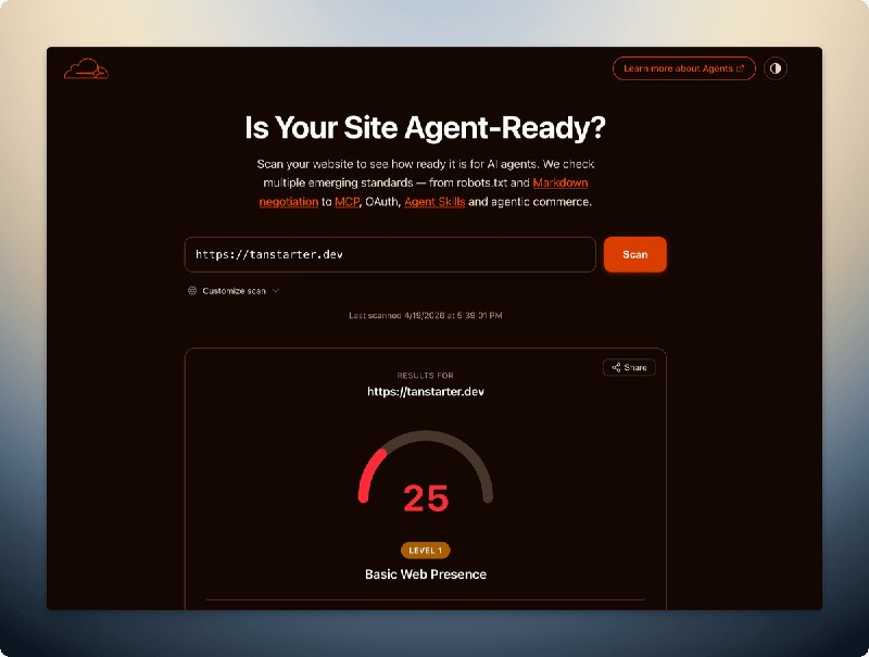 Cloudflare 的新站可以检测你的站点是否 agent ready它也会给出优化建议，类似Google的pagespeed检查