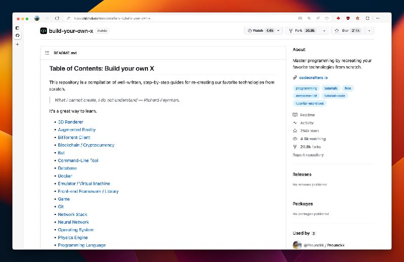 #程序员#资料分享Github上的这个「Build your own X」实在太全了，打造属于你自己的 X，通过从零开始重新创建您最喜欢的技术，掌握编程技能，包括 3D 渲染器、游戏、前端框架、文本编辑器、神经网络甚至操作系统的从零开始的教程
