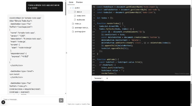 bolt.new 极简复刻版，我们实现了 AI 交互，在浏览器中通过 chat 修改工作区代码，生成了一个 TODO 应用