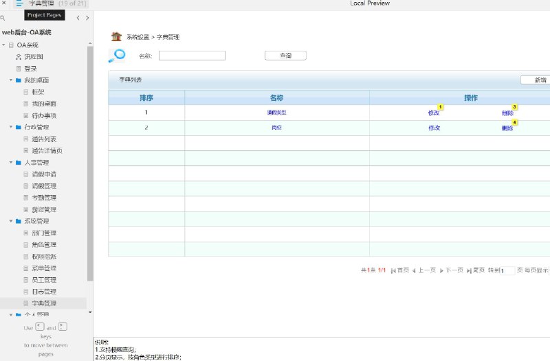 原型介绍：这个原型项目是一个web后台的OA（办公自动化）系统，旨在提高企业内部管理的效率和协同工作的能力