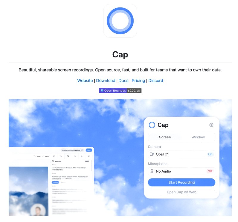 今天推荐一个开源免费录屏工具 Cap， 1.9 万 star，TypeScript + Rust 实现可以作为 Loom 的替代，录屏、编辑、分享一条龙
