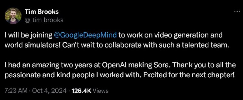 Sora之父叛逃Deepmind😋66亿美元也留不住啊