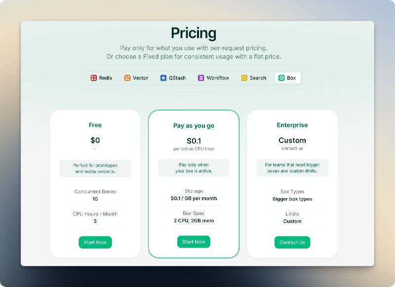 🎉 Upstash 也推出了自己的沙箱 Box✅ 安全，隔离的云端沙箱✅ 内置 cc、codex、opencode✅ 闲时睡眠，瞬时启动看了下价格，一如既往的nice免费用户每个月可以运行5小时，可以搞点小任务跑跑