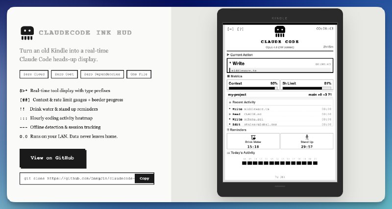 之前看到有大佬把自己的Kindle 作为 ClaudeCode 的 HUD ，效果不错！我让我的 Claude 看了下他说他也能，好叭，劝不住，他不但搞了还搞了个落地页！