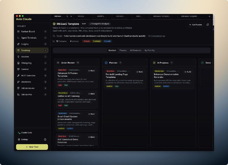 建议都去试下这个效率神器：Auto Claude0、最多跑12个终端，可自定义模型1、kanban：查看所有tasks的进展2、ideation：提出代码优化建议3、changelog：根据提交生成更新日志4、insights：对代码库进行提问对话5、roadmap：竞品分析并制定计划6、支持mcp、worktree、Github issues和PR建议都去试下这个效率神器：Auto Claude0、最多跑12个终端，可自定义模型1、kanban：查看所有tasks的进展2、ideation：提出代码优化建议3、changelog：根据提交生成更新日志4、insights：对代码库进行提问对话5、roadmap：竞品分析并制定计划6、支持mcp、worktree、Github issues和PR