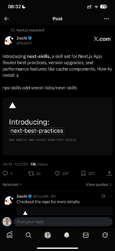 这是一个面向Skills编程的时代😆陆续添加了React、Resend/email、Postgres最佳实践skills，今天Next.js最佳实践skills也来了