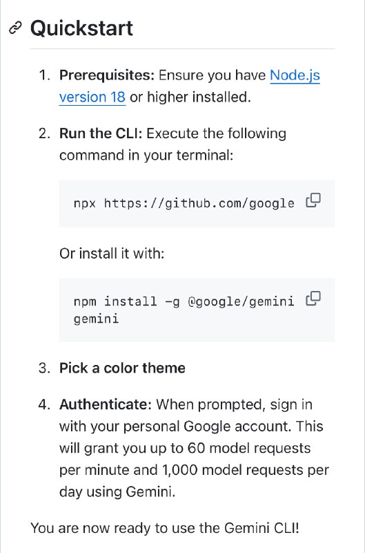 ⭕️ Gemini CLI白嫖！谷歌发布了个Google cli，集成在终端的命令行工具，类似Claude code✅ 每分钟60次请求，每天1000次（财大气粗！）✅ 免费使用Gemini 2.5 pro✅ 可以使用Google search✅ 开源，地址👇🔗 
