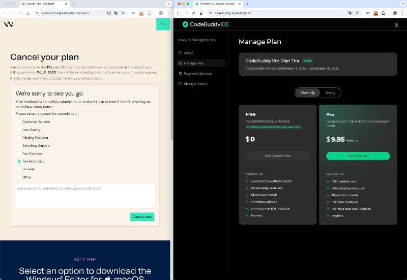 Codebuddy的价格出来了，9.9刀每个月，所以立刻退订windsurf改用codebuddy，不仅是钱的问题， Windsurf总是搞不了几下就报错，没办法聊下去，但总的来说作为vibe coding渣男……毫无忠诚可言……