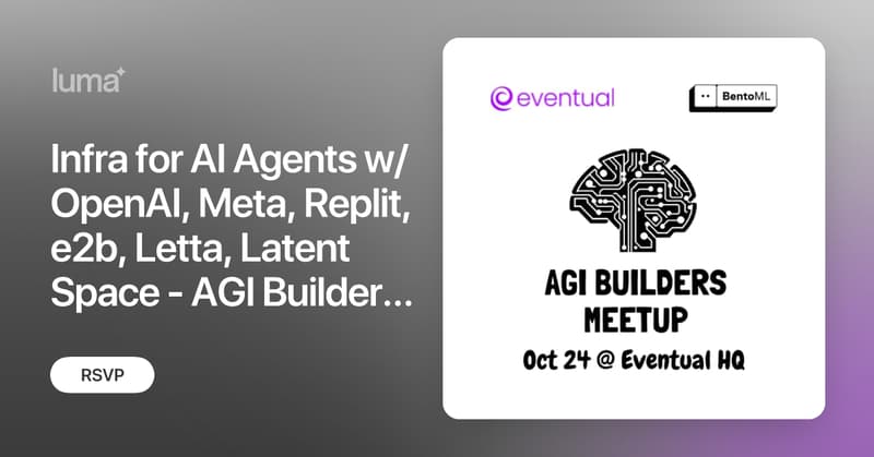 Infra for AI Agents w/ OpenAI, Meta, Replit, e2b, Letta, Latent Space - AGI Builders Meetup SF · Luma🎊去年8月在 Google Cloud 探讨了AI agent, 时隔一年多，Agent 开始有了一些落地，终于可以谈论下一个stack: infra for AI agents!⏰这周四（10/24），就在SF！🤩这么豪华的阵容我也是没想到啊！👨‍🎓两个Researcher Keynote:- Shunyu Yao, Research Scientist @OpenAI, PhD @princeton Shunyu 帅哥在Agent 领域的贡献就不用多说了吧，也是OnBoard! 座上宾！- Shuyan Zhou, Researcher @Meta, 专注 LLM Agent 方向；🦄🦄Panel 更是不得了，真是请来了最火的几个 AI agent infra 公司（窃以为颜值也是很可以！）- James Austin, Replit Agent 核心成员（Replit president 表示他其实也想来！）- co-founder & CEOs from e2b, Letta/MemGPT (都在不久前官宣了超过$10M 融资）🎙️还有AI领域最火的播客之一 Latent Space 的主理人 Shawn 当客串 Panelist + host，我可以说两大主播强强联合么！🔥 赶紧 RSVP，spots are limited (as always), 优先 agent builders, founders, and researchers.👉