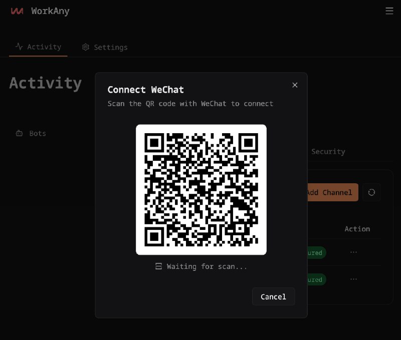 WorkAny Bot 已支持微信接入👇1. 电脑浏览器访问 workany.bot ，按步骤点两次 Next，选择一个 Deploy 方案2. 付费后开始部署你的 OpenClaw，等几分钟部署成功3. 在 Bot 管理页面添加 WeChat 接入渠道4. 微信扫码登录5. 在微信 ClawBot 与云端的 OpenClaw 对话------无需技术知识，无需配置模型，开箱即用，体验非常丝滑