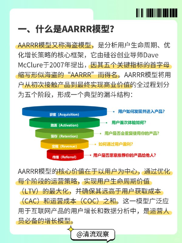 【一图搞懂AARRR模型｜运营必备增长模型】一、什么是AARRR模型？AARRR模型又称海盗模型，是分析用户生命周期、优化增长策略的核心框架，它由硅谷创业导师Dave McClure于2007年提出，因其五个关键指标的首字母缩写形似海盗的“AARRR”而得名