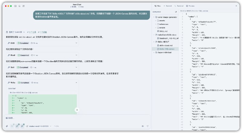 Obsidian 创始人发布了三个 Obsidian-Skills，虽然是纯提示词，但有点高级：obsidian-markdown：创建 Obsidian 文档，包含了对 Obsidian 笔记文档所有功能的详细描述obsidian-bases：创建 Obsidian 多维表格json-canvas：创建 Obsidian 看板三个及能力的 SKILL.md 文档，可以说是把 Obsidian 的最佳实践都写的明明白白了，甚至推荐拿来人肉学习