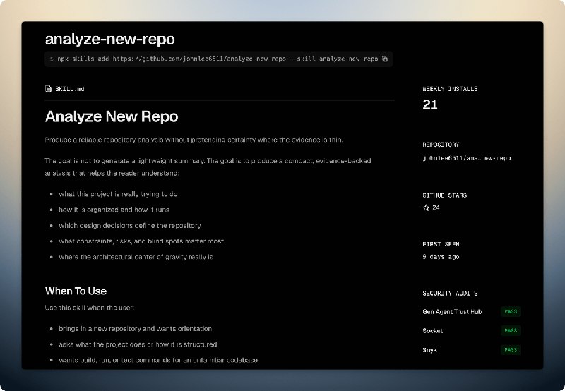 推荐一个实用技能 analyze-new-repo每当遇到新的开源项目，就可以用它先分析下这个项目尤其是源码分析报告结尾的质量信号和风险盲点环节质量信号可以看出项目的测试是否完整、CI是否完整风险可能是跟X捆绑太深、协议有风险、社区不活跃等技术选型时，先用它每个分析下，然后再综合对比下