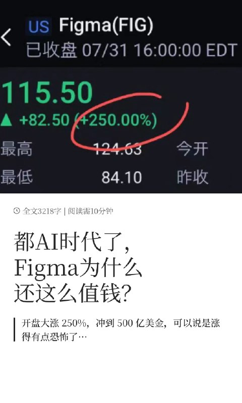 在 Figma IPO 当天写了篇长文，然后……它暴涨 250%！文章链接： 