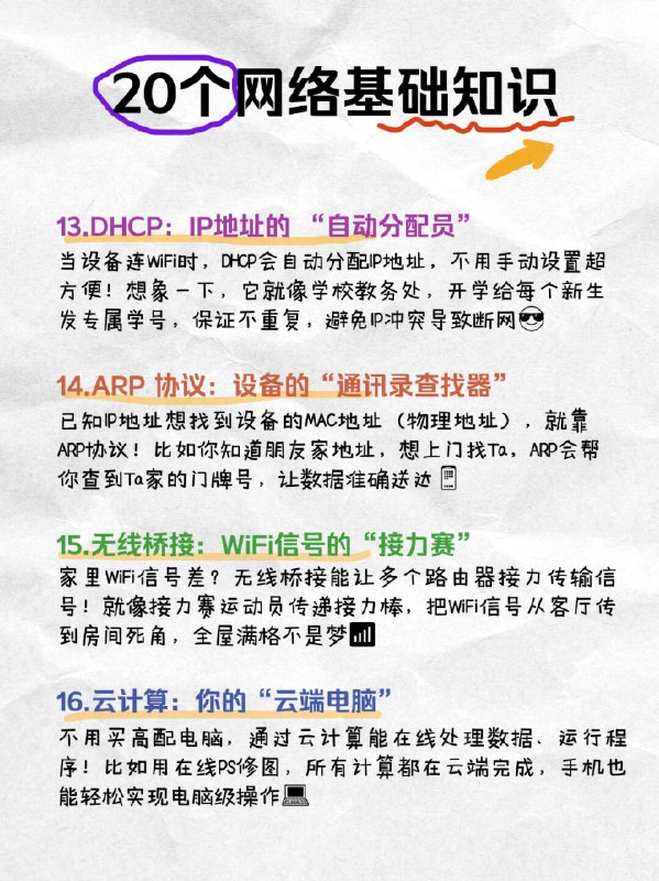 【小白速进！20个超实用知识点，看完直接逆袭】宝子们！是不是总在连 WiFi、网购、追剧时遇到各种网络问题，却一头雾水？别慌！整理了 20 个超实用网络知识，从路由器原理到网络安全防护，全是生活中能用到的干货，看完直接变身 “网络小达人”，赶紧码住！【小白速进！20个超实用知识点，看完直接逆袭】宝子们！是不是总在连 WiFi、网购、追剧时遇到各种网络问题，却一头雾水？别慌！整理了 20 个超实用网络知识，从路由器原理到网络安全防护，全是生活中能用到的干货，看完直接变身 “网络小达人”，赶紧码住！