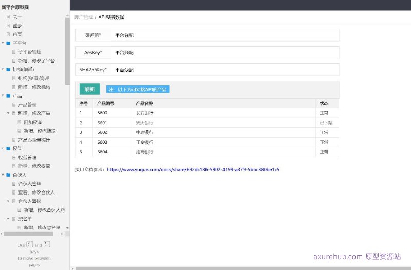 原型介绍：这个原型项目是一个综合性的平台管理系统，旨在为企业提供全面的业务流程管理功能，包括子平台管理、机构管理、产品管理、权益管理、合伙人管理、黑名单管理、推广链接管理、订单管理、客户投诉处理、佣金管理、支付管理等