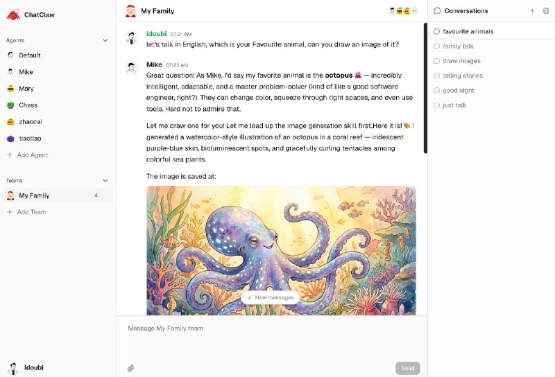 OpenClaw 新版本升级之后没有 WebUI 了？不要慌，正好你可以换一个更好的 UI开源 ChatClaw：以 OpenClaw 为底层的 Agent 协作系统，为 OPC 而生1. 基本架构opc -> companies -> teams -> agents -> tasks2. 一个 OpenClaw Gateway 对应一个公司，你可以创建多个公司，支持自动发现本地部署的 OpenClaw Gateway，支持连接远程部署的 OpenClaw Gateway3. 创建公司后，你可以创建多个 agents 和 teams，以 Team 为基础让多个 agents 一起工作4. 支持以 Company 维度，Team 维度，Agent 维度配置 Skills，支持可视化编辑 Agent 的 SOUL.md ，定义员工性格5. 支持配置数据库持久化存储配置和对话记录如何使用？1. 拉 ChatClaw 代码，在本地运行2. 创建 Company，默认检测本地的 OpenClaw Gateway，如果本地没有 OpenClaw，你需要安装一个，或者连接远程托管的 OpenClaw3. 创建 Agents，创建 Teams，开始使用------MIT 协议开源，欢迎使用，感谢支持👇