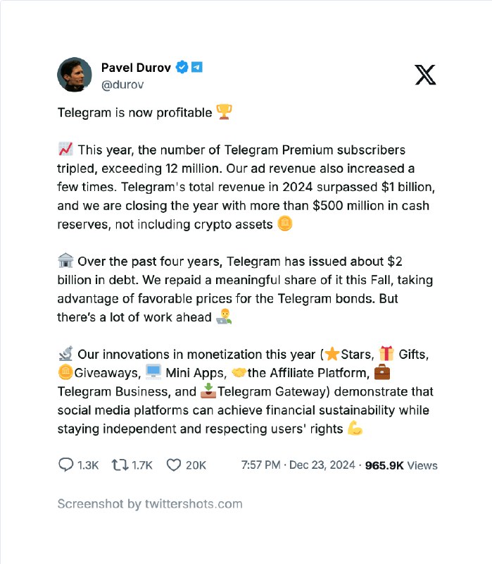 Telegram 现在已经盈利了，CEO 原文：今年，Telegram 高级会员数量翻了三倍，超过了1200万