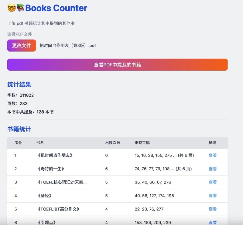 所谓买书/下载如山倒，读书如抽丝，之前看书的时候经常想统计这本书里面提到了哪些书，这样从一本书就可以扩展到 n 本