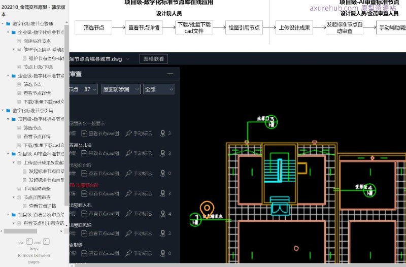 原型项目介绍项目名称： 数字化标准节点管理原型文档包含内容：创建标准节点维护节点信息（草稿状态、审批中状态）节点上线/下线企业级和项目级的数字化标准节点在线应用筛选节点查看节点详情下载/批量下载CAD文件项目级的AI审查标准节点上传设计成果并发起自动审查选择节点大类二次确认手动辅助调整节点详图审查查看分析审查结果查看节点引用统计分析表详情跳转至图纸详情所属行业：建筑和工程行业，特别是涉及结构设计和施工图管理的领域