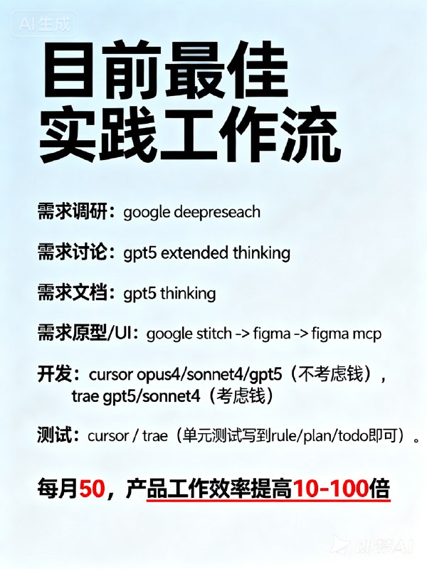 目前最佳实践工作流：需求调研：google deepreseach需求讨论：gpt5 extended thinking需求文档：gpt5 thinking需求原型/UI：google stitch -> figma -> figma mcp开发：cursor opus4/sonnet4/gpt5（不考虑钱），trae gpt5/sonnet4（考虑钱）测试：cursor / trae （单元测试写到rule/plan/todo即可）每月50，产品工作效率提高10-100倍