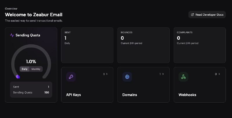 zeabur了新出 email服务，接入和使用都很丝滑简单，几分钟就搞好了，就是dns记录要手动粘，没有一键配置有点麻烦看起来好像是免费用，每日100封，每月3000封的额度，没有限制domain的数量，不过也没有找到充钱和购买额度的地方，拿来给小型网站用用还是挺不错的zeabur了新出 email服务，接入和使用都很丝滑简单，几分钟就搞好了，就是dns记录要手动粘，没有一键配置有点麻烦看起来好像是免费用，每日100封，每月3000封的额度，没有限制domain的数量，不过也没有找到充钱和购买额度的地方，拿来给小型网站用用还是挺不错的
