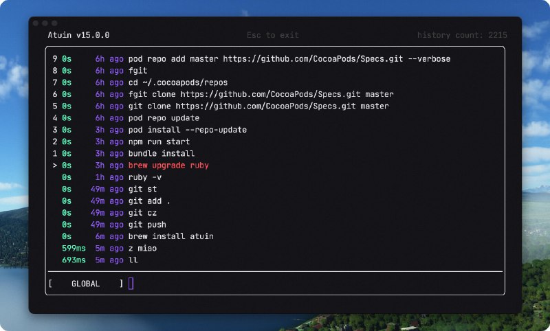 #工程师工具 使用命令行工具时候有一个痛点就是能否持久记录所有我的历史输入，甚至换电脑了都还在，还可以快速搜索，在 GitHub 上面找到了一个 Rust 工具「Atuin」可以实现这个功能，使数据库来替代原有 shell 历史，并用端对端加密存储，可以试试，按下向上箭头触发