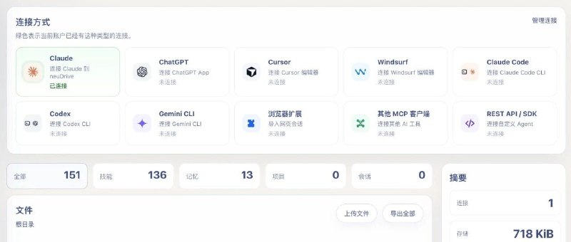 开源个 Agent 用的网盘，让 Skill 跨设备同步我捣鼓出来了一个给 agent 用的网盘，能自动同步各种 Agent 的记忆、skill、文件....支持claude code/codex/cursor/...各种主流的工具，以及各种主流的网页应用并开源了出来：