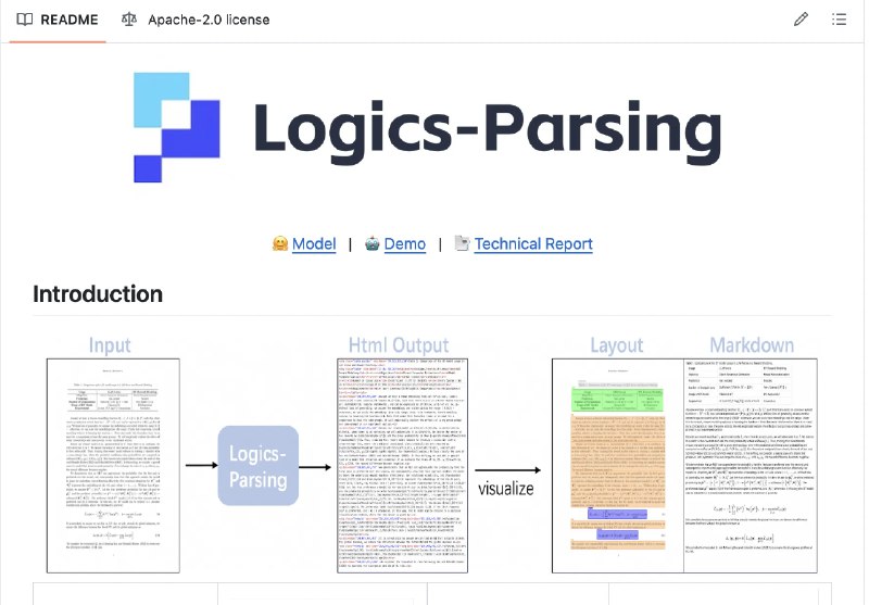 刚发现一个神器，阿里开源的文档解析模型Logics-Parsing！再也不用为复杂PDF头疼了这个模型太厉害了👇📌 直接把文档图片转成结构化HTML📌 复杂科学公式、化学结构自动识别📌 表格、图片、段落精准定位📌 比GPT-5、Gemini准确率还高！最爽的是：端到端处理，不需要复杂的多步骤流水线，直接上手就能用 🚀🔗项目地址：github.com/alibaba/Logics-Parsing🤗模型下载：HuggingFace和ModelScope都有对于科研人员、数据分析师、文档处理从业者来说，这就是个效率翻倍神器