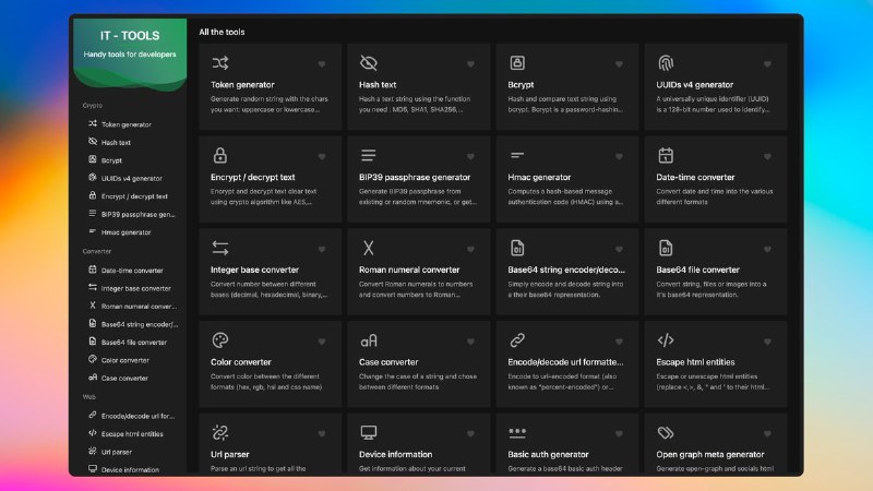 #工程师工具 看到一个高颜值精致的工程师工具箱「IT Tools」, 提供加解密、常用转换、Web处理工具、图片、开发、数学等常用随手的处理，使用效率上做的不错