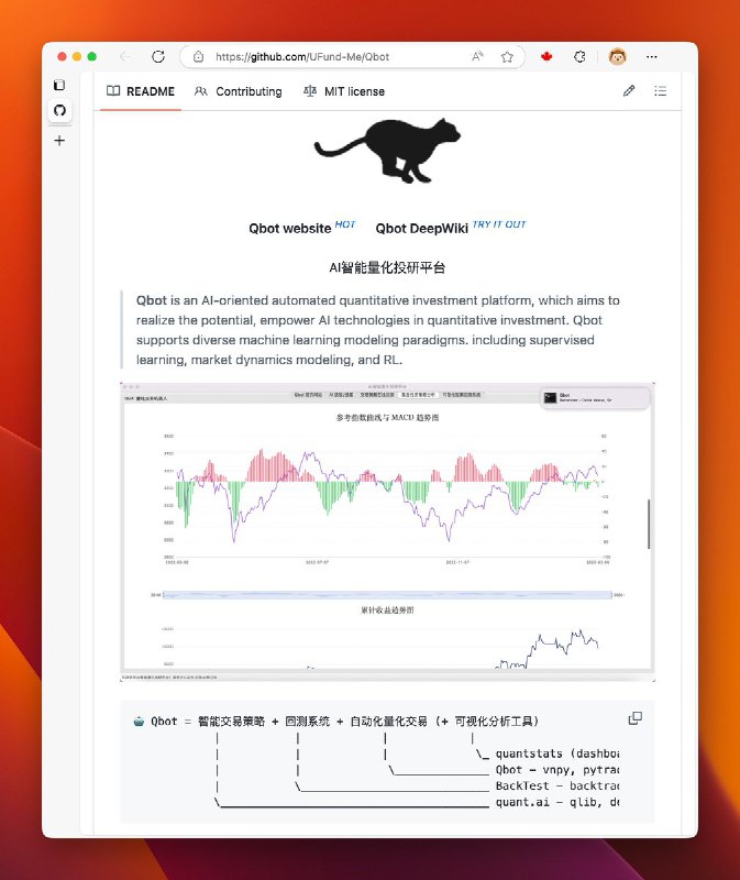 在 GitHub 发现一个有意思的项目，AI 自动量化交易机器人 UFund-Me/Qbot，完全本地部署, 文档描述 Qbot = 智能交易策略 + 回测系统 + 自动化量化交易 + 可视化分析工具 的方式，虽然 UI 一般般，但后端思路其实挺值得学习的