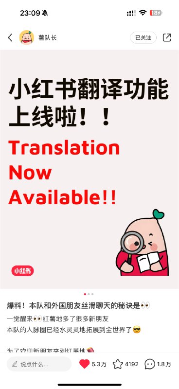 小红书真出翻译功能了，我本人是震惊的