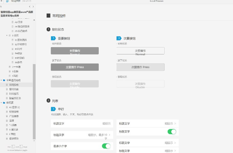 这份原型文件包含了以下目录：文档封面、更新日志、文档图例、设计背景/思路、产品需求、需求分析、用户画像、信息架构图、业务流程、页面交互、全局通用说明、常用控件、复用页面、时间规范、缺省页汇总、废纸篓、权限说明、产品画像等