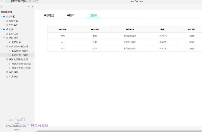 原型项目介绍：这个原型项目是一个商家端后台管理系统，旨在为企业提供职位管理、候选人管理和消息通知等功能
