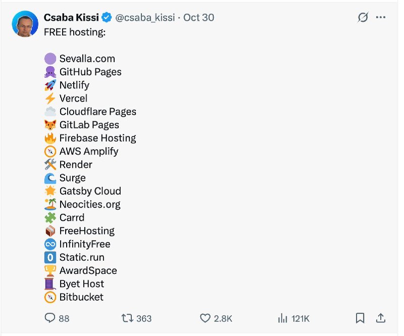 Csaba 分享的 19 个可以免费部署你产品的地方：