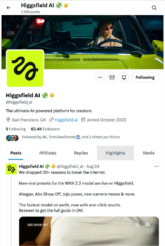在尝试社媒推广，用域名邮箱注册了一个单独的X账号，打算学习Higgsfield AI的运营方式，发一发案例效果