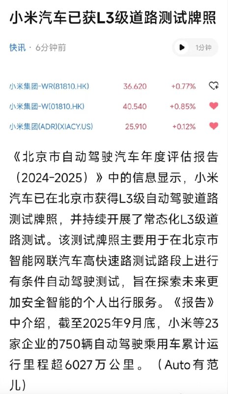 今年AI技术大爆发，好几家公司在12月份拿到了L3测试牌照，其中包括小米汽车，它家的测试车能够在北京200条开放的自动驾驶道路上驰骋，全长有699.58公里