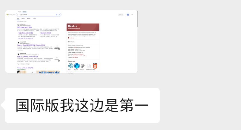 @阿伟dev 发来消息，「Next.js中文文档」在bing国际版排第一位，而且展示了内链；国内版第一页也出现了3条