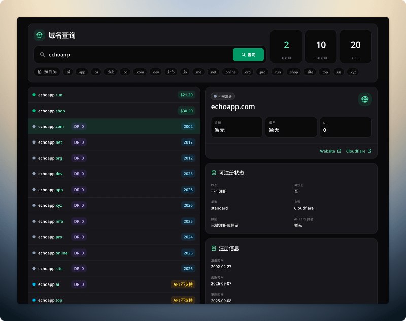 hello，大家好，我又来分享用模板做了啥大家上站前肯定都要查域名，我看 Cloudflare 有相关 API，所以就vibe了一个域名查询工具，主要支持常见 TLD 域名查询