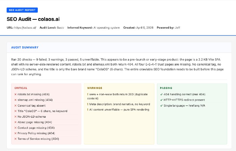 seo-audit-skill - SEO Basic 报告基本 V1.0 了：开源 + 免费，期待交流～地址：