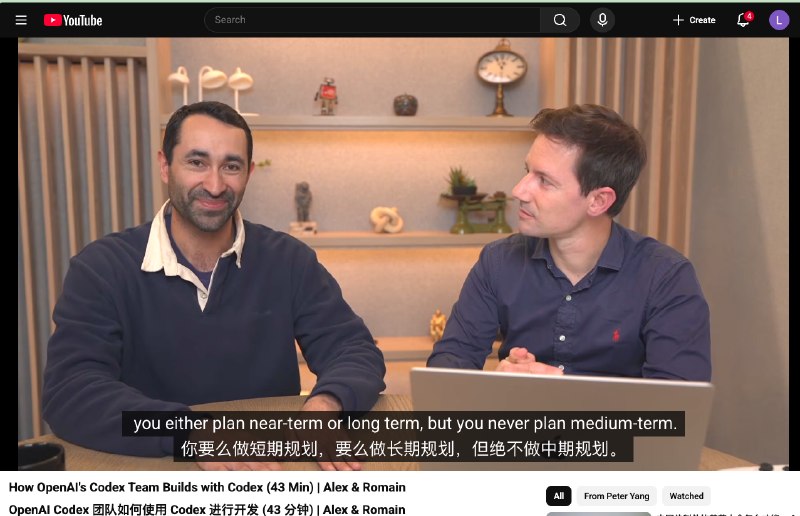 看 OpenAI Codex 的采访视频，关于项目规划，其中一个老哥的这个建议在 AI 快速发展的阶段很有意义，不超过 8 周的短期计划和超过 1 年以上的长期计划很重要中间的部分因为这个领域变化实在是太快了， 难以预测